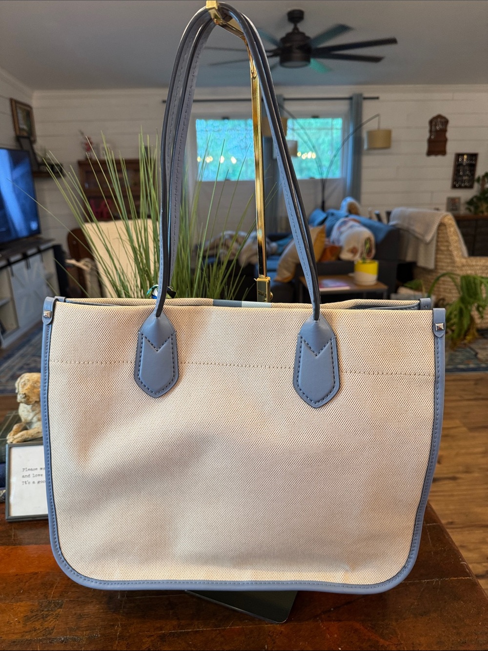 Michael Kors Beige Canvas Tote with Blue Stripe and Scarf - Picture 8 of 14